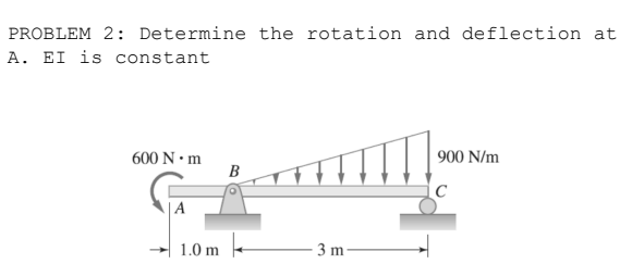 PROBLEM 2: Determine the rotation and deflection at
A. EI is constant
600 N·m
| A
1.0 m
B
!!!!!!
3 m-
900 N/m
C