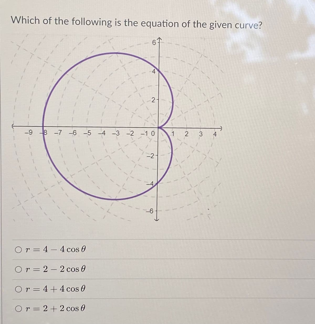 Which of the following is the equation of the given curve?
7.
1
2
4
-9 8 -7 -6 -5 -4 -3 -2 -1 0
-2-
-6
Or = 4 – 4 cos 0
Or = 2 – 2 cos 0
-
Or = 4+4cos 0
Or = 2 + 2 cos 0
3.
4)
