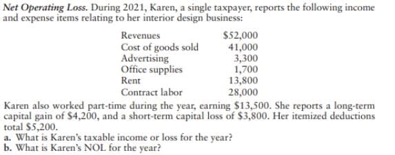 Net Operating Loss. During 2021, Karen, a single taxpayer, reports the following income
and expense items relating to her interior design business:
$52,000
41,000
3,300
1,700
13,800
28,000
Revenues
Cost of goods sold
Advertising
Office supplies
Rent
Contract labor
Karen also worked part-time during the year, earning $13,500. She reports a long-term
capital gain of $4,200, and a short-term capital loss of $3,800. Her itemized deductions
total $5,200.
a. What is Karen's taxable income or loss for the year?
b. What is Karen's NOL for the year?
