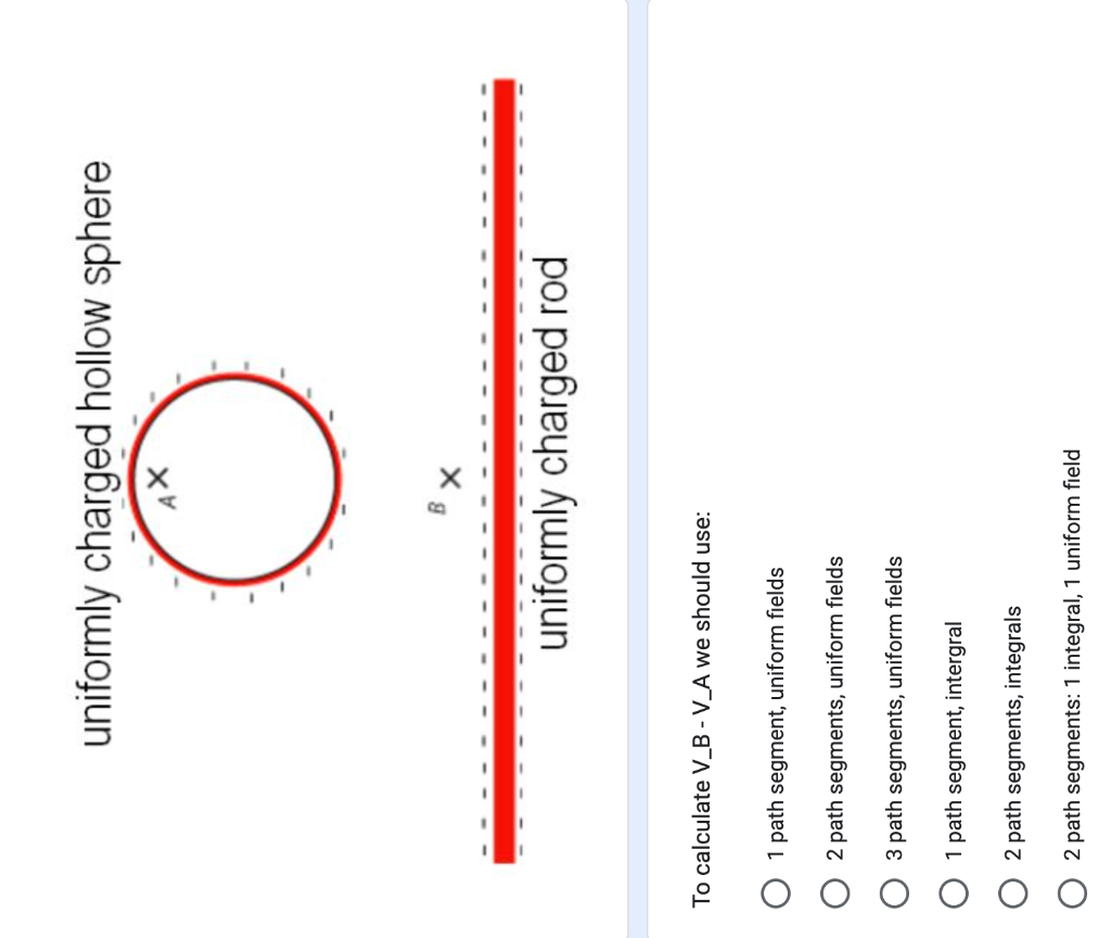 uniformly charged hollow sphere
AX
uniformly charged rod
To calculate V_B - V_A we should use:
1 path segment, uniform fields
2 path segments, uniform fields
O 3 path segments, uniform fields
1 path segment, intergral
2 path segments, integrals
2 path segments: 1 integral, 1 uniform field