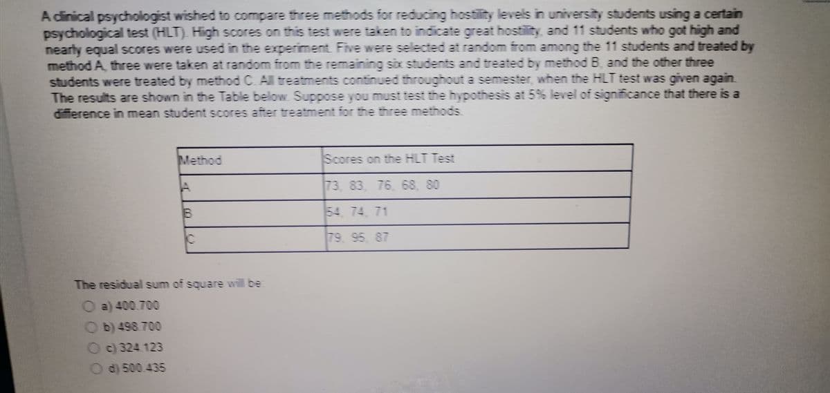 A dinical psychologist wished to compare three methods for reducing hostility levels in university students using a certain
psychological test (HLT). High scores on this test were taken to indicate great hostility and 11 students who got high and
nearly equal scores were used in the experiment Five were selected at random from among the 11 students and treated by
method A, three were taken at random from the remaining six students and treated by method B, and the other three
students were treated by method C. All treatments continued throughout a semester, when the HLT test was given again.
The results are shown in the Table below Suppose you m
difference in mean student scores after treatment for the three methods
n
ust test the hypothesis at 5% level of significance that there is a
Method
Scores on the HLT Test
73, 83. 76, 68, 80
54, 74, 71
79. 95, 87
The residual sum of square will be
a) 400.700
O b) 498.700
O) 324 123
Od) 500.435
