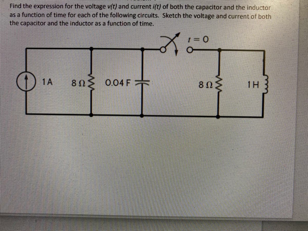Find the expression for the voltage v(t) and current i(t) of both the capacitor and the inductor
as a function of time for each of the following circuits. Sketch the voltage and current of both
the capacitor and the inductor as a function of time.
1A
80
0.04 F
80
TH
ww
