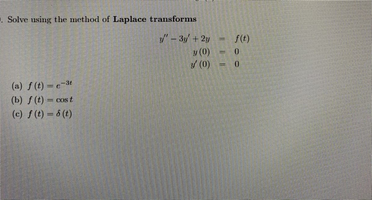 Solve using the method of Laplace transforms
/ - 3y +2y
y (0)
/ (0)
%3D
(a) f(t) - e
(b) f(t) = cos E
(c) f (t) = 6 (t)
