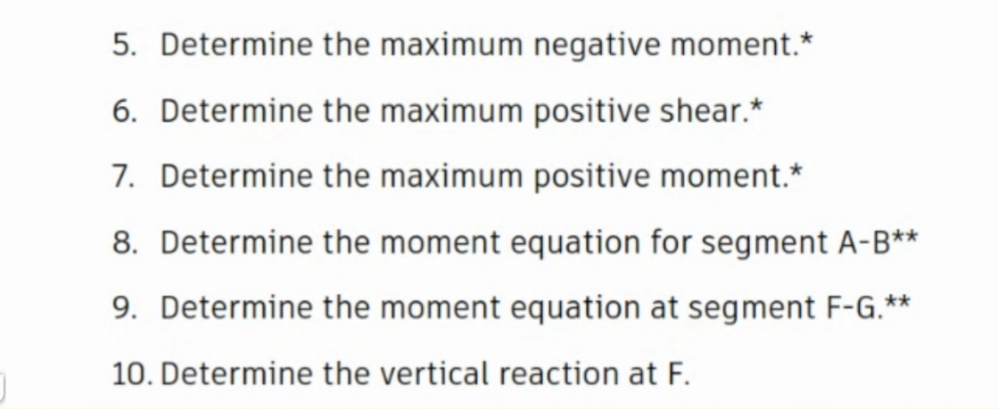 5. Determine the maximum negative moment.*
6. Determine the maximum positive shear.*
7. Determine the maximum positive moment.*
8. Determine the moment equation for segment A-B**
9. Determine the moment equation at segment F-G.**
10. Determine the vertical reaction at F.

