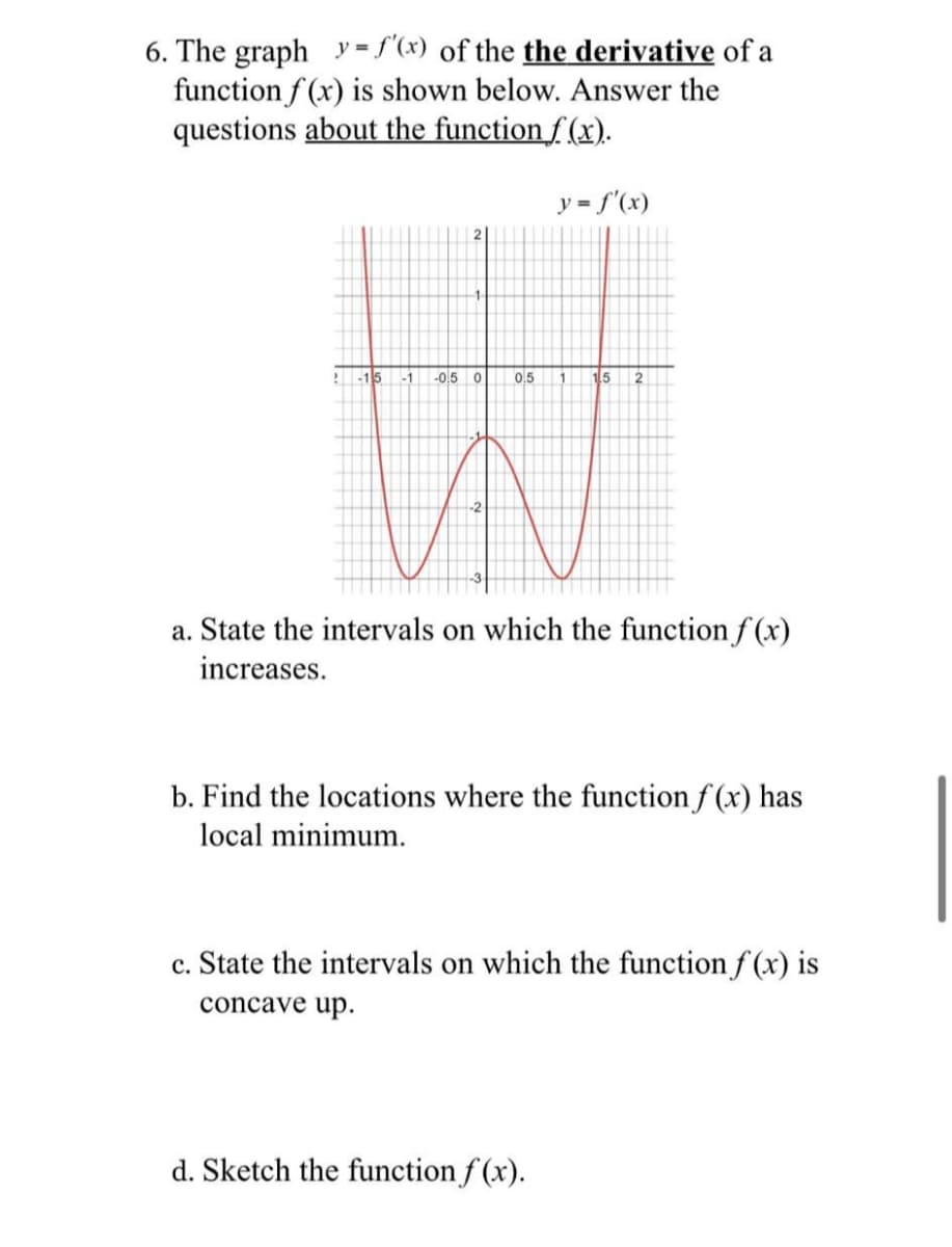 6. The graph y = f'(x) of the the derivative of a
function f (x) is shown below. Answer the
questions about the function f (x).
y = f'(x)
1-
15
-1
-0.5
0,5
1.
1.5
a. State the intervals on which the function f (x)
increases.
b. Find the locations where the function f (x) has
local minimum.
c. State the intervals on which the function f (x) is
concave up.
d. Sketch the function f (x).
