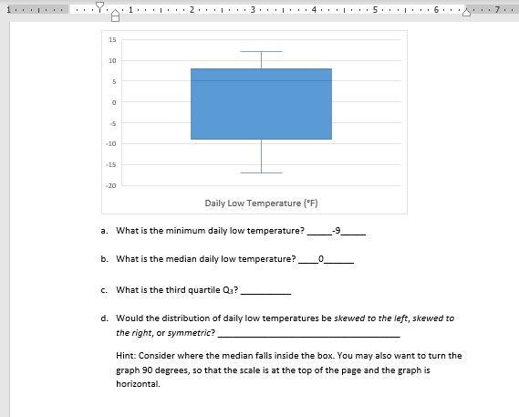 d. Would the distribution of daily low temperatures be skewed to the left, skewed to
the right, or symmetric?
