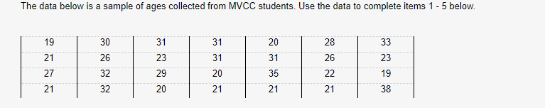 The data below is a sample of ages collected from MVCC students. Use the data to complete items 1-5 below.
19
30
31
31
20
28
33
21
26
23
31
31
26
23
27
32
29
20
35
22
19
21
32
20
21
21
21
38
