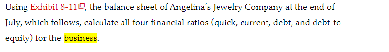 Using Exhibit 8-11º, the balance sheet of Angelina's Jewelry Company at the end of
July, which follows, calculate all four financial ratios (quick, current, debt, and debt-to-
equity) for the business.
