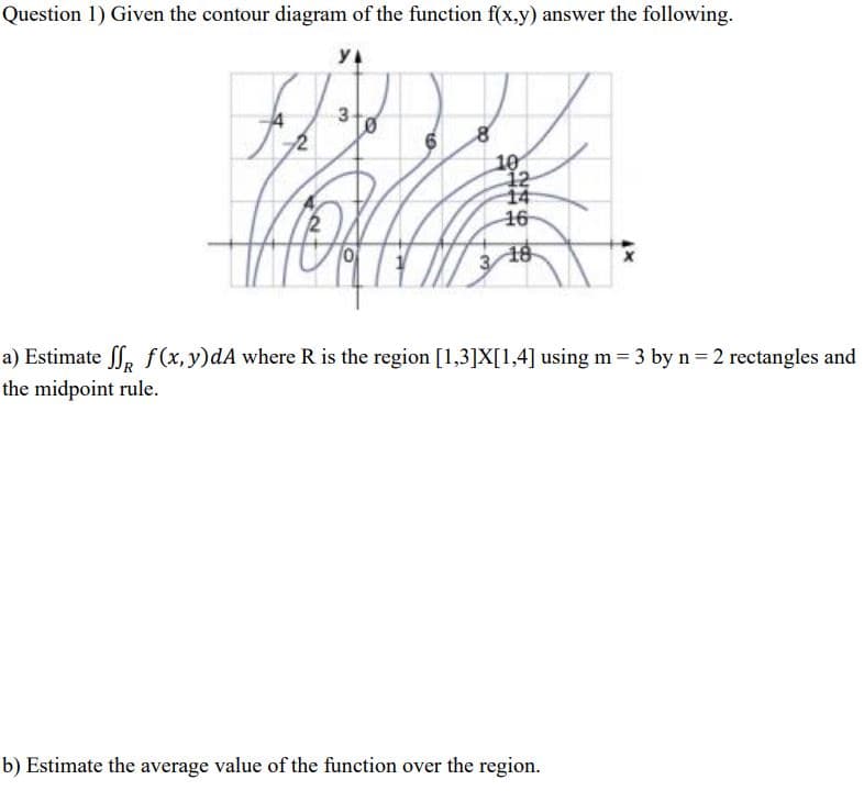 Question 1) Given the contour diagram of the function f(x,y) answer the following.
3
10
12
14
16
16
a) Estimate ff, f (x, y)dA where R is the region [1,3]X[1,4] using m 3 by n 2 rectangles and
the midpoint rule.
b) Estimate the average value of the function over the region.
