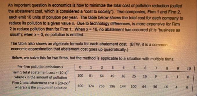 An important question in economics is how to minimize the total cost of pollution reduction (called
the abatement cost, which is considered a "cost to society"). Two companies, Fim 1 and Firm 2,
each emit 10 units of pollution per year. The table below shows the total cost for each company to
reduce its pollution to a given value x. Due to technology differences, is more expensive for Fim
2 to reduce pollution than for Firm 1. When x = 10, no abatement has occurred (it is "business as
usual"); when x = 0, no pollution is emitted.
The table also shows an algebraic formula for each abatement cost. (BTW, it is a common
economic approximation that abatement cost goes up quadratically.)
Below, we solve this for two firms, but the method is applicable to a situation with multiple firms.
Per-firm pollution emissions x
Firm 1 total abatement cost = (10-x)
where x is the amount of pollution
Firm 2 total abatement cost = (20-2x)
where x is the amount of pollution
1.
3.
4.
9.
7.
8.
6.
10
100
81
64
49
36
25
16
9.
4.
400
324
256
196
144
100
64
36
16
4.
