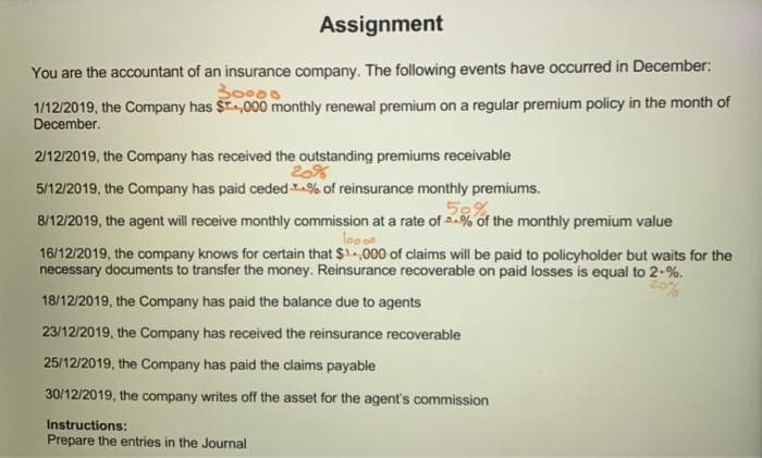 Assignment
You are the accountant of an insurance company. The following events have occurred in December:
30000
1/12/2019, the Company has $,000 monthly renewal premium on a regular premium policy in the month of
December.
2/12/2019, the Company has received the outstanding premiums receivable
20%
5/12/2019, the Company has paid ceded .% of reinsurance monthly premiums.
8/12/2019, the agent will receive monthly commission at a rate of a% of the monthly premium value
looon
16/12/2019, the company knows for certain that $1,000 of claims will be paid to policyholder but waits for the
necessary documents to transfer the money. Reinsurance recoverable on paid losses is equal to 2-%.
18/12/2019, the Company has paid the balance due to agents
23/12/2019, the Company has received the reinsurance recoverable
25/12/2019, the Company has paid the claims payable
30/12/2019, the company writes off the asset for the agent's commission
Instructions:
Prepare the entries in the Journal
