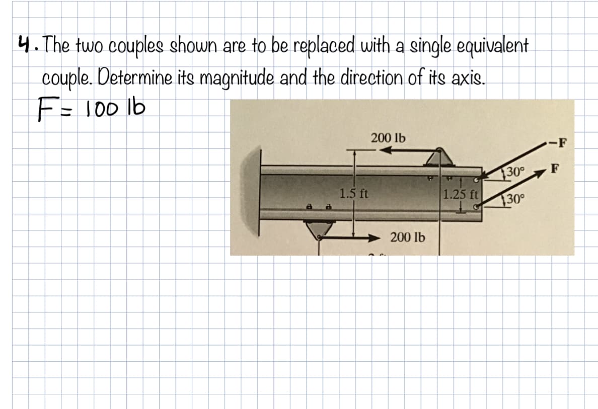 4. The two couples shown are to be replaced with a single equivalent
couple. Determine its magnitude and the direction of its axis.
F= 100 lb
200 lb
-F
30°
F
1.5 ft
1.25 ft
130°
200 lb
