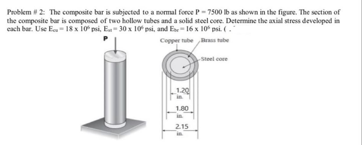 Problem # 2: The composite bar is subjected to a normal force P = 7500 lb as shown in the figure. The section of
the composite bar is composed of two hollow tubes and a solid steel core. Determine the axial stress developed in
each bar. Use Ecu = 18 x 10° psi, Est= 30 x 10° psi, and Ebr = 16 x 10° psi. (.
Copper tube Brass tube
Steel core
1.20
in
1.80
in
2.15
in
