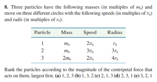8. Three particles have the following masses (in multiples of m,) and
move on three different circles with the following speeds (in multiples of v,)
and radii (in multiples of rɔ):
Particle
Mass
Speed
Radius
2v.
3vo
1
mo
3ro
2
mo
3
2mo
4ro
Rank the particles according to the magnitude of the centripetal force that
acts on them, largest first. (a) 1, 2, 3 (b) 1, 3, 2 (c) 2, 1, 3 (d) 2, 3, 1 (e) 3, 2, 1
