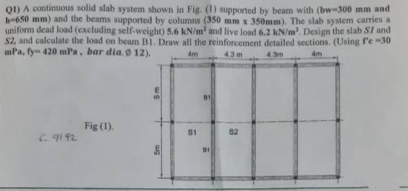 Q1) A continuous solid slab system shown in Fig. (1) supported by beam with (bw-300 mm and
h 650 mm) and the beams supported columns (350 mm x 350mm). The slab system carries a
uniform dead load (excluding self-weight) 5.6 kN/m² and live load 6.2 kN/m². Design the slab SI and
S2, and calculate the load on beam B1. Draw all the reinforcement detailed sections. (Using f'e -30
mPa, fy 420 mPa, bar dia. Ø 12).
4m
4.3 m
4.3m
4m
6.9192
Fig (1).
5m
$1
B1
$2