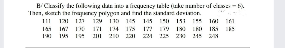 B/ Classify the following data into a frequency table (take number of classes =
Then, sketch the frequency polygon and find the standard deviation.
6).
111
120
127
129
130
145
145
150
153
155
160
161
165
167
170
171
174
175
177
179
180
180
185
185
190
195
195
201
210
220
224
225
230
245
248
