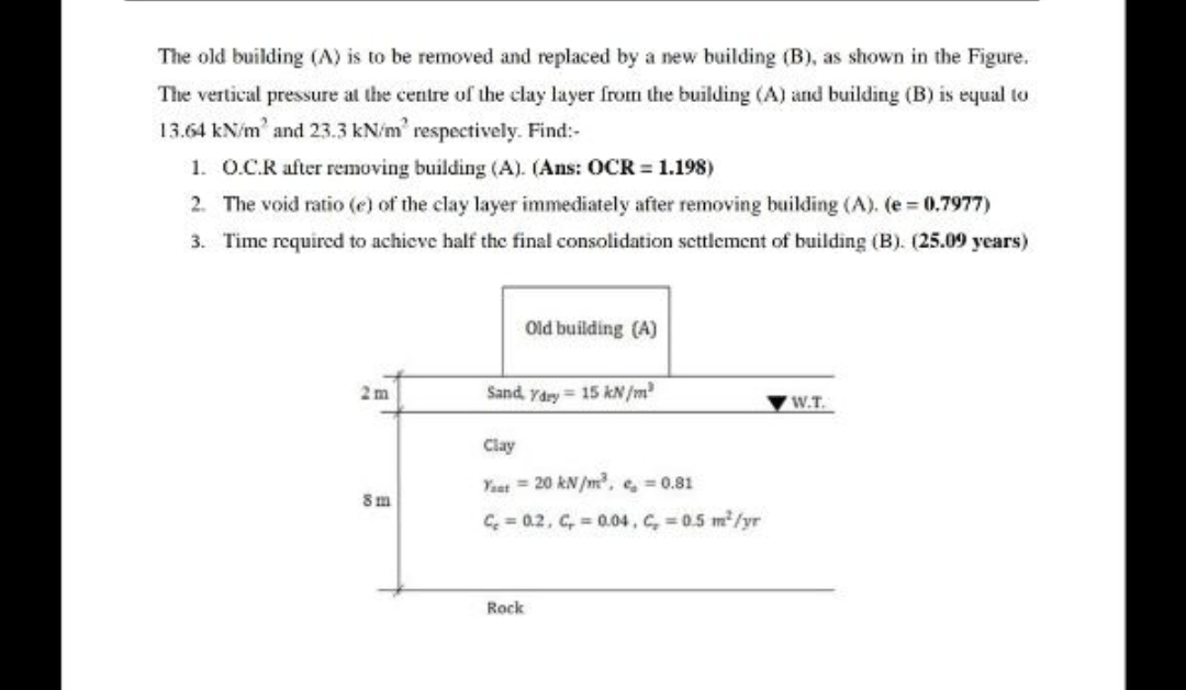 The old building (A) is to be removed and replaced by a new building (B), as shown in the Figure.
The vertical pressure at the centre of the clay layer from the building (A) and building (B) is equal to
13.64 kN/m' and 23.3 kN/m' respectively. Find:-
1. O.C.R after removing building (A). (Ans: OCR = 1.198)
2. The void ratio (e) of the clay layer immediately after removing building (A). (e 0.7977)
3. Time required to achieve half the final consolidation settlement of building (B). (25.09 years)
Old building (A)
2m
Sand, Yary = 15 kN /m
W.T.
Clay
Yaat = 20 kN /m, e = 0.81
Sm
C = 0.2, C, = 0.04, C, = 0.5 m2/yr
Rock
