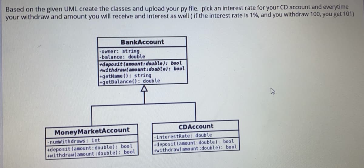 Based on the given UML create the classes and upload your py file. pick an interest rate for your CD account and everytime
your withdraw and amount you will receive and interest as well ( if the interest rate is 1%, and you withdraw 100, you get 101)
BankAccount
-owner: string
-balance: double
+deposit (amount: double): bool
withdraw(amo unt:double): bool
+getName (): string
+getBalance(): double
MoneyMarketAccount
CDAccount
-interes tRate: double
-numwithdraws: int
+deposit (amount:double): bool
+withdraw(amo unt :double): bool
+deposit (amount:double): bool
+withdraw(amo unt:double): bool
