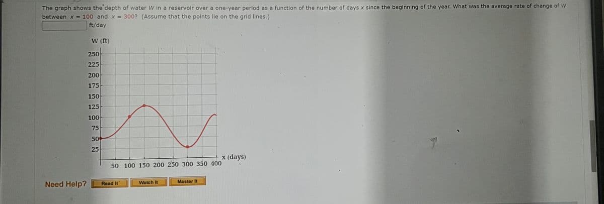 The graph shows the depth of water W in a reservoir over a one-year period as a function of the number of days x since the beginning of the year. What was the average rate of change of W
between x = 100 and x = 300? (Assume that the points lie on the grid lines.)
ft/day
Need Help?
W (ft)
250
225
200
175
150
125
100
75
50
25
50 100 150 200 250 300 350 400
Read It
Watch It
x (days)
Master It