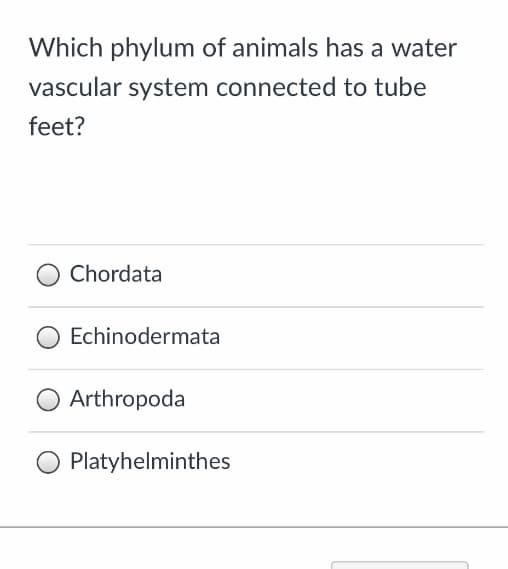 Which phylum of animals has a water
vascular system connected to tube
feet?
Chordata
Echinodermata
Arthropoda
Platyhelminthes
