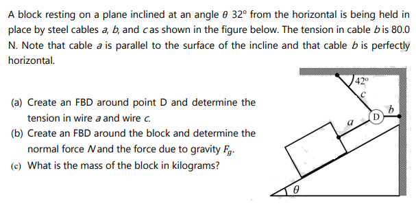 A block resting on a plane inclined at an angle 0 32° from the horizontal is being held in
place by steel cables a, b, and cas shown in the figure below. The tension in cable bis 80.0
N. Note that cable a is parallel to the surface of the incline and that cable b is perfectly
horizontal.
(a) Create an FBD around point D and determine the
tension in wire a and wire c.
(b) Create an FBD around the block and determine the
normal force Nand the force due to gravity Fg.
(c) What is the mass of the block in kilograms?
