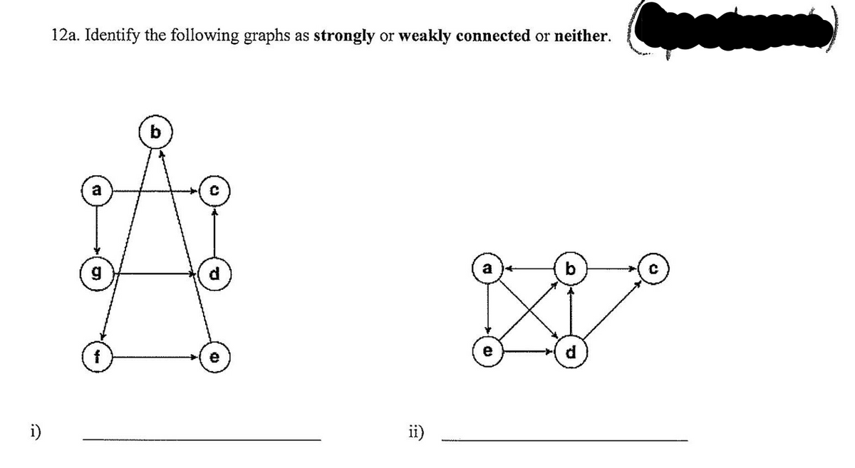12a. Identify the following graphs as strongly or weakly connected or neither.
b
f
e
d.
i)
ii)
