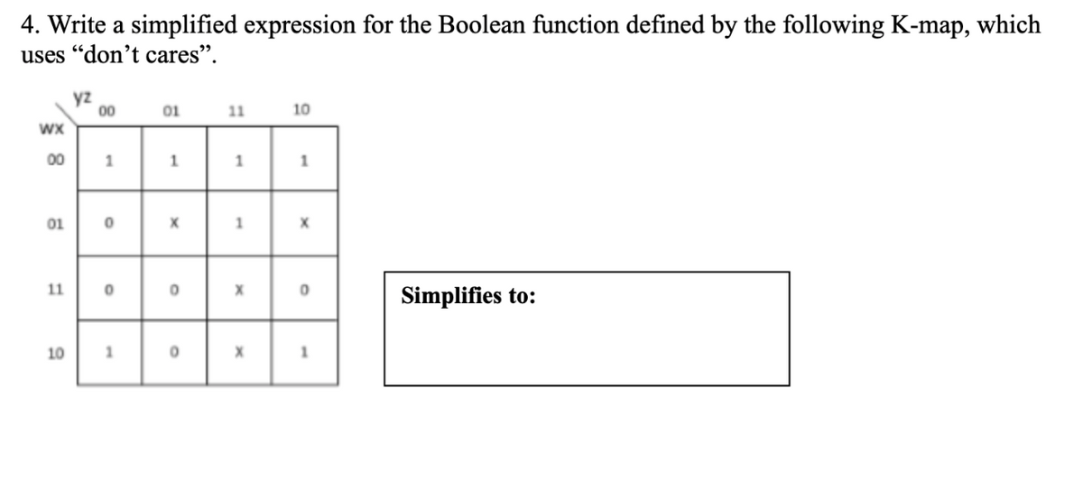4. Write a simplified expression for the Boolean function defined by the following K-map, which
uses "don't cares".
yz
00
01
11
10
WX
00
1.
1
1.
01
11
Simplifies to:
10
1.
1.

