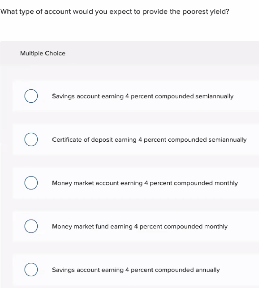 What type of account would you expect to provide the poorest yield?
Multiple Choice
O
Savings account earning 4 percent compounded semiannually
Certificate of deposit earning 4 percent compounded semiannually
O Money market account earning 4 percent compounded monthly
O Money market fund earning 4 percent compounded monthly
Savings account earning 4 percent compounded annually