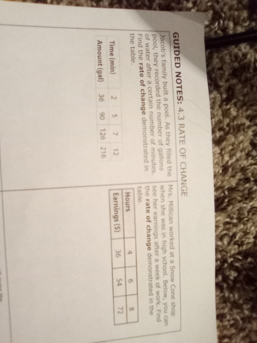 GUIDED NOTES: 4.3 RATE OF CHANGE
Jacob's family built a pool. As they filled the
pool, they recorded the number of gallons
of water after a certain number of minutes.
Find the rate of change demonstrated in
the table.
Mrs. Millican worked at a Snow Cone shop
when she was in high school. Below, you can
see her earnings after a week of work. Find
the rate of change demonstrated in the
table.
Hours
4.
Time (min)
5.
7.
12
Earnings ($)
36
54
72
Amount (gal)
36
90
126 216
