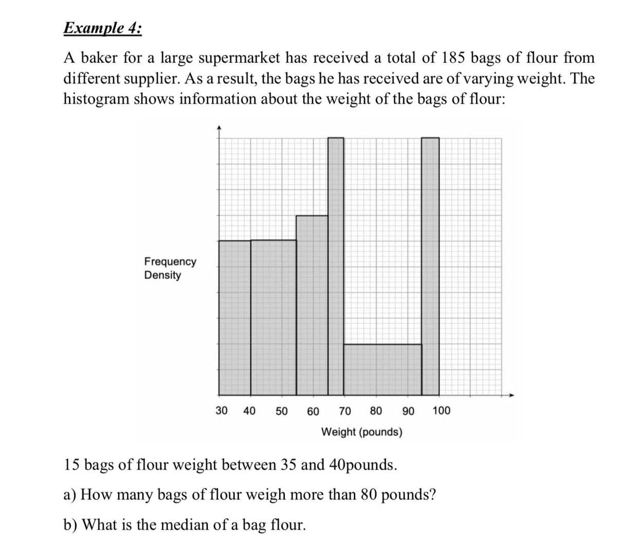 Example 4:
A baker for a large supermarket has received a total of 185 bags of flour from
different supplier. As a result, the bags he has received are of varying weight. The
histogram shows information about the weight of the bags of flour:
Frequency
Density
30
40
50
60
70
80
90
100
Weight (pounds)
15 bags of flour weight between 35 and 40pounds.
a) How many bags of flour weigh more than 80 pounds?
b) What is the median of a bag flour.
