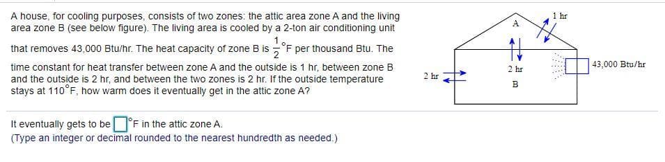 1 hr
A house, for cooling purposes, consists of two zones: the attic area zone A and the living
area zone B (see below figure). The living area is cooled by a 2-ton air conditioning unit
A
that removes 43,000 Btu/hr. The heat capacity of zone B is °F per thousand Btu. The
43,000 Btu/hr
time constant for heat transfer between zone A and the outside is 1 hr, between zone B
and the outside is 2 hr, and between the two zones is 2 hr. If the outside temperature
stays at 110°F, how warm does it eventually get in the attic zone A?
2 hr
2 hr
B
It eventually gets to be °F in the attic zone A.
(Type an integer or decimal rounded to the nearest hundredth as needed.)
