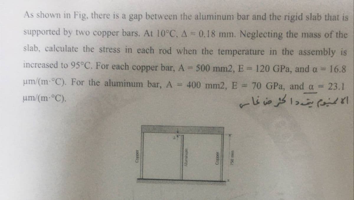As shown in Fig, there is a gap between the aluminum bar and the rigid slab that is
supported by two copper bars. At 10°C, A 0.18 mm. Neglecting the mass of the
slab, calculate the stress in each rod when the temperature in the assembly is
increased to 95°C. For each copper bar, A 500 mm2, E 120 GPa, and a =
16.8
um/(m-°C). For the aluminum bar, A
400 mm2, E = 70 GPa, and a = 23.1
%3D
um/(m-°C).
اا لميوم بتداكر ض غا
Lunuuny
saddo
