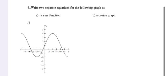 4. Write two separate equations for the following graph as
a) a sine function
b) a cosine graph
13
-75 -60 -J0 -1.
15 30 45 60 ४ ।
