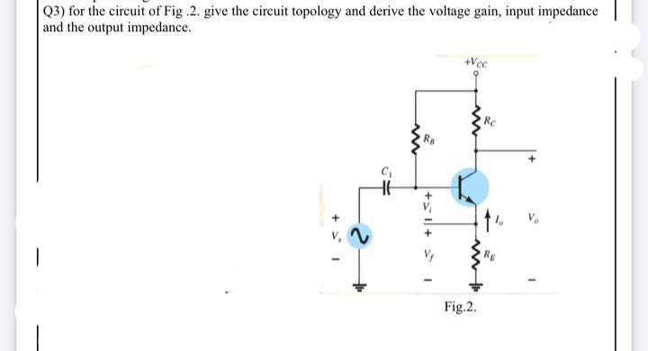 Q3) for the circuit of Fig .2. give the circuit topology and derive the voltage gain, input impedance
and the output impedance.
+Vc
Re
V,
Fig.2.
