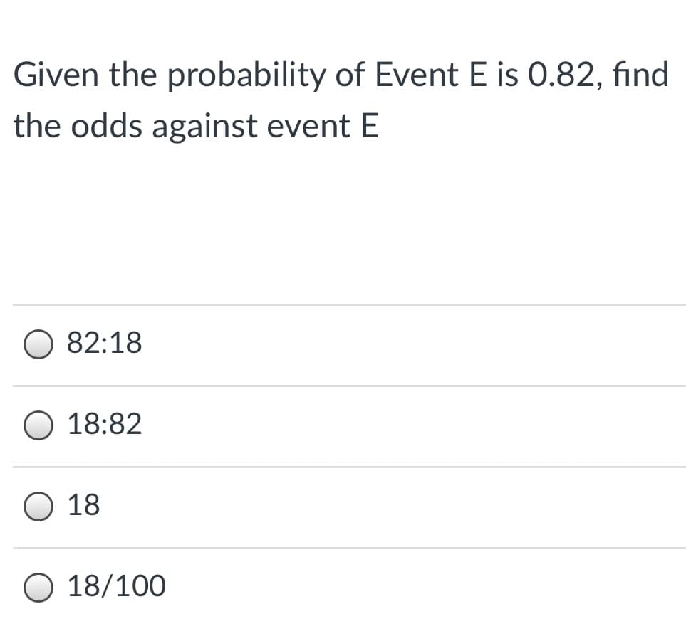 Given the probability of Event E is 0.82, find
the odds against event E
82:18
O 18:82
O 18
O 18/100
