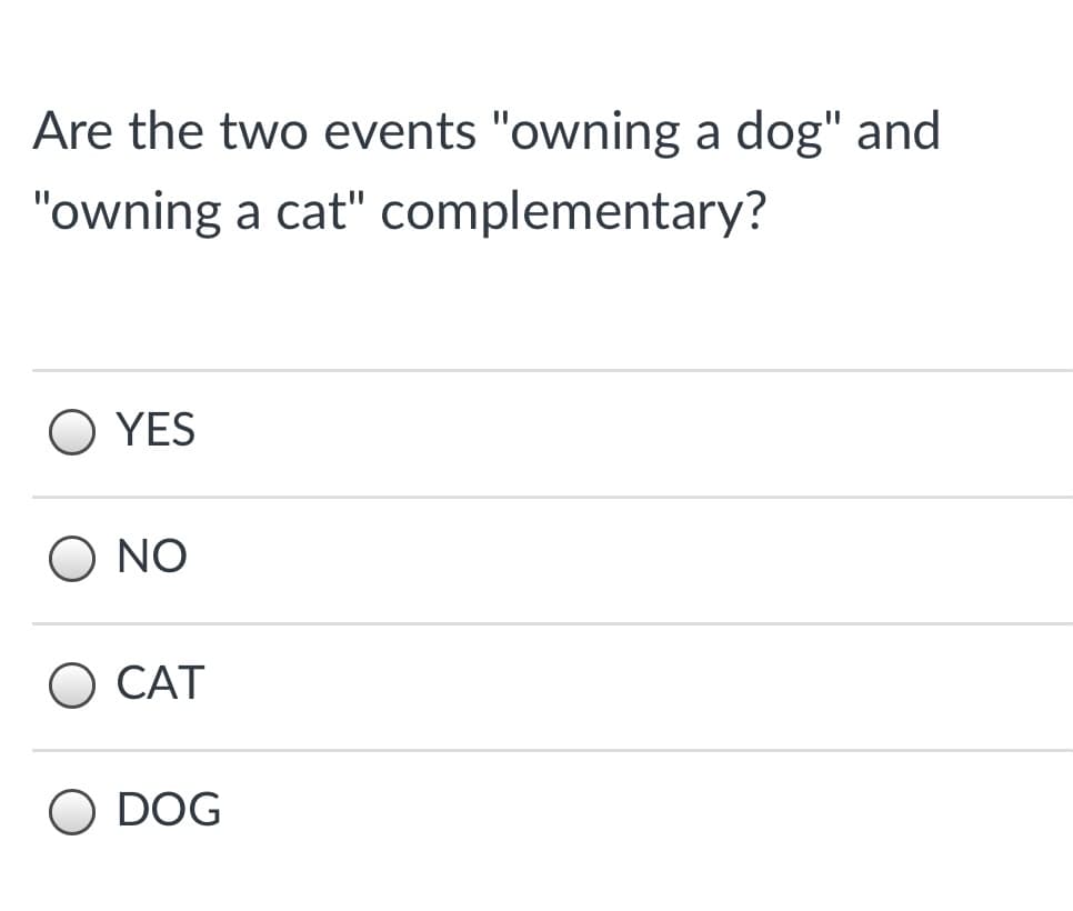 Are the two events "owning a dog" and
"owning a cat" complementary?
O YES
O NO
O CAT
O DOG

