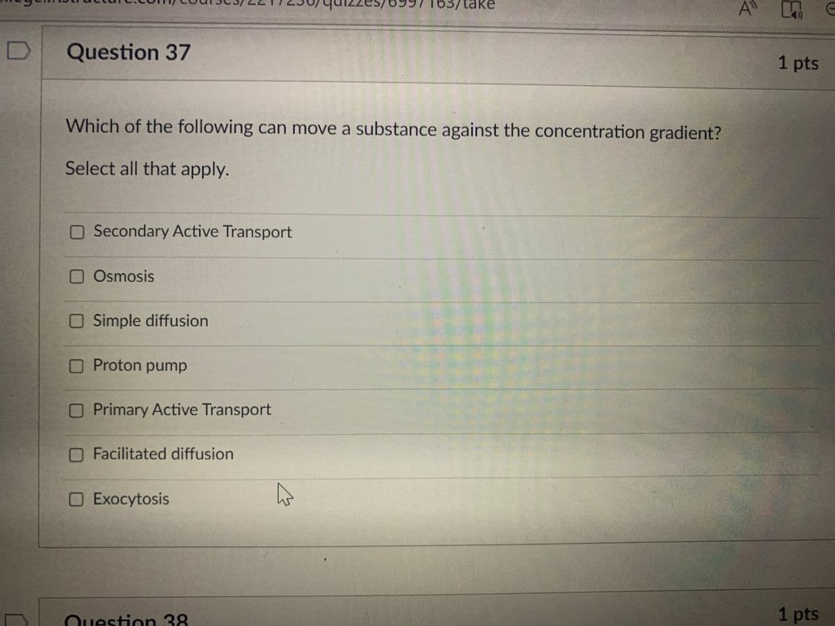 163/take
Question 37
1 pts
Which of the following can move a substance against the concentration gradient?
Select all that apply.
O Secondary Active Transport
O Osmosis
OSimple diffusion
Proton pump
OPrimary Active Transport
OFacilitated diffusion
O Exocytosis
Question 38
1 pts

