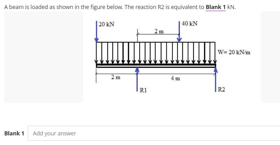 A beam is loaded as shown in the figure below. The reaction R2 is equivalent to Blank 1 kN.
| 20 kN
| 40 kN
2 m
W= 20 kN/m
2 m
4 m
|R2
R1
Blank 1
Add your answer
