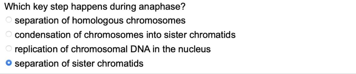 Which key step happens during anaphase?
separation of homologous chromosomes
condensation of chromosomes into sister chromatids
O replication of chromosomal DNA in the nucleus
O separation of sister chromatids