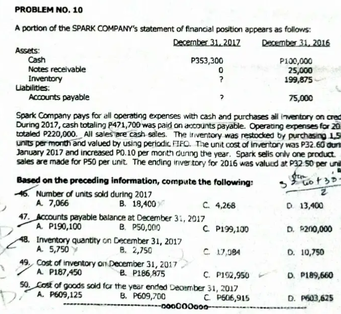 PROBLEM NO. 10
A portion of the SPARK COMPANY's statement of financial position appears as follows:
December 31, 2017
December 31, 2016
Assets:
Cash
Notes receivable
Inventory
Liabilities:
Accounts payable
75,000
Spark Company pays for all operating expenses with cash and purchases all inventory on cred
During 2017, cash totaling P471,700 was paid on accounts payable. Operating expenses for 20
totaled P220,000. All sales are cash sales. The inventory was restocked by purchasing 1,5
units per month and valued by using periodic FIFO. The unit cost of inventory was P32.60 dur
January 2017 and increased P0.10 per month during the year. Spark selis only one product.
sales are made for P50 per unit. The ending invertory for 2016 was valued at P32.50 per uni
3
Based on the preceding information, compute the following:
46. Number of units sold during 2017
A. 7,066
B. 18,400
47. Accounts payable balance at December 31, 2017
A. P190,100
B. P50,000
48. Inventory quantity on December 31, 2017
A. 5,750
B. 2,750
P353,300
0
?
49. Cost of inventory on December 31, 2017
A. P187,450
e. P186,875
Da A. P609,125
C. 4,268
C. P199,100
C. 17,084
C. P192,950
50. Cost of goods sold for the year ended December 31, 2017
B. P609,700
C. P606,915
P100,000
25,000
199,875
------000000000---
"
Go + 38.
2
D. 13,400
D. 9200,000
D. 10,750
D. P189,660
D. P603,625
NORGE