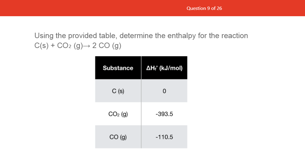 Question 9 of 26
Using the provided table, determine the enthalpy for the reaction
C(s) + CO2 (g)→ 2 CO (g)
Substance
AH¡ (kJ/mol)
C (s)
СО2 (9)
-393.5
CO (g)
-110.5
