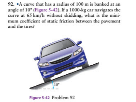 92. •A curve that has a radius of 100 m is banked at an
angle of 10° (Figure 5-42). If a 1000-kg car navigates the
curve at 65 km/h without skidding, what is the mini-
mum coefficient of static friction between the pavement
and the tires?
10
Figure 5-42 Problem 92
