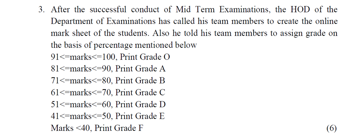 3. After the successful conduct of Mid Term Examinations, the HOD of the
Department of Examinations has called his team members to create the online
mark sheet of the students. Also he told his team members to assign grade on
the basis of percentage mentioned below
91<=marks<=100, Print Grade O
81<=marks<=90, Print Grade A
71<=marks<=80, Print Grade B
61<=marks<=70, Print Grade C
51<=marks<=60, Print Grade D
41<=marks<=50, Print Grade E
Marks <40, Print Grade F
(6)
