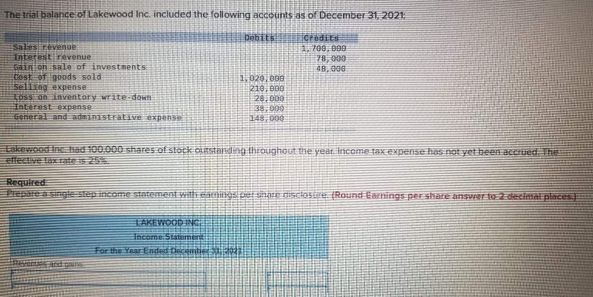 The trial balanGe of Lakewood Inc. included the following accounts as of December 31, 2021
Debits
Credits
1, 700, 000
78,000
48, 000
Sales revenue
Interest revenue
Gain on sale of investments
Cest of geods sold
Selling expense
Loss on inventory write-down
Interest expense
General and administrative expense
1, 020, 000
210,000
28,000
38,000
148,000
Lakewood Inc, had 100,000 shares of stock outstanding throughout the year. Income tax expense has not yet been accrued. The
Required
Prepare a single-step income statement with eamiags per share disclostre. (Round Earnings per shate answer to2 decimal places:)
LAKEWOOD ING
Income Statement
For the Year Ended December $1 2021
Revendes andgains
