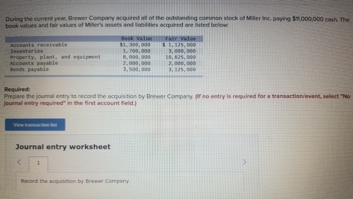 During the current year, Brewer Company acquired all of the outstanding common stock of Miller Inc. paying $11,000,000 cash The
book values and fair values of Miller's assets and liabilities acquired are listed below:
Fair Value
$ 1,125,000
3, 000, 000
10,625, 000
2, 000, 000
3, 125, 000
Book Value
Accounts receivable
Inventories
Property, plant, and equipment
Accounts payable
Bonds payable
$1, 300, 000
1, 700, 000
8,000, 000
2, 000, 000
3,500, 000
Required:
Prepare the journal entry to record the acquisition by Brewer Company. (If no entry is required for a transaction/event, select "No
Journal entry required" in the first account field.)
View transaction list
Journal entry worksheet
1
Record the acquisition by Brewer Company.
