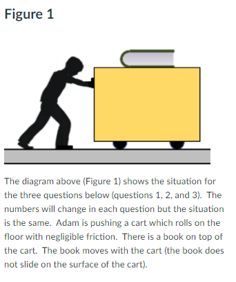 Figure 1
The diagram above (Figure 1) shows the situation for
the three questions below (questions 1, 2, and 3). The
numbers will change in each question but the situation
is the same. Adam is pushing a cart which rolls on the
floor with negligible friction. There is a book on top of
the cart. The book moves with the cart (the book does
not slide on the surface of the cart).
