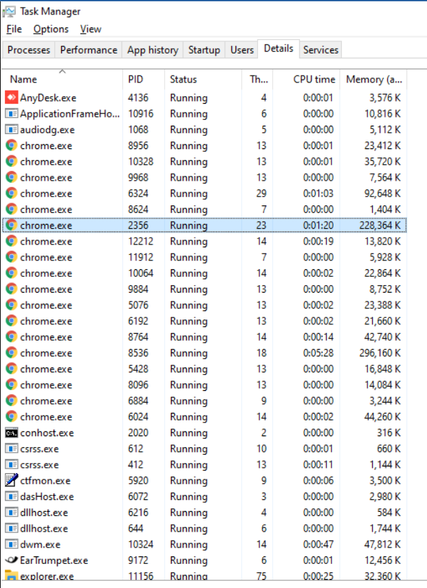 Task Manager
Eile Options View
Processes Performance App history Startup Users Details Services
Name
PID
Status
Th...
CPU time Memory (a.
AnyDesk.exe
ApplicationFrameHo.. 10916 Running
laudiodg.exe
4136
Running
4
0:00:01
3,576 K
6
0:00:00
10,816 K
1068
Running
5
0:00:00
5,112 K
chrome.exe
8956
Running
10328 Running
13
0:00:01
23,412 K
chrome.exe
13
0:00:01
35,720 K
chrome.exe
9968
Running
13
0:00:00
7,564 K
chrome.exe
6324
Running
29
0:01:03
92,648 K
chrome.exe
8624
Running
7
0:00:00
1,404 K
chrome.exe
2356
Running
23
0:01:20
228,364 K
chrome.exe
12212
Running
14
0:00:19
13,820 K
chrome.exe
11912
Running
7
0:00:00
5,928 K
chrome.exe
10064
Running
14
0:00:02
22,864 K
chrome.exe
9884
Running
13
0:00:00
8,752 K
chrome.exe
5076
Running
13
0:00:02
23,388 K
chrome.exe
6192
Running
13
0:00:02
21,660 K
chrome.exe
8764
Running
14
0:00:14
42,740 K
chrome.exe
8536
Running
18
0:05:28
296,160 K
chrome.exe
5428
Running
13
0:00:00
16,848 K
chrome.exe
8096
Running
Running
13
0:00:00
14,084 K
chrome.exe
6884
9
0:00:00
3,244 K
chrome.exe
6024
Running
14
0:00:02
44,260 K
CA. conhost.exe
2020
Running
2
0:00:00
316 K
lcsrss.exe
612
Running
10
0:00:01
660 K
csrss.exe
412
Running
13
0:00:11
1,144 K
ctfmon.exe
5920
Running
9
0:00:06
3,500 K
dasHost.exe
6072
Running
3
0:00:00
2,980 K
dlhost.exe
6216
Running
4
0:00:00
584 K
dlhost.exe
644
Running
10324 Running
6
0:00:00
1,744 K
] dwm.exe
Ear Trumpet.exe
14
0:00:47
47,812 K
9172
Running
6.
0:00:01
12,456 K
Lexplorer.exe
11156
Runnina
75
0:00:25
32.360 K.

