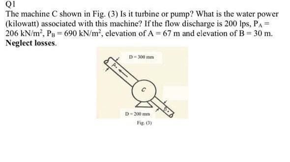 Q1
The machine C shown in Fig. (3) Is it turbine or pump? What is the water power
(kilowatt) associated with this machine? If the flow discharge is 200 lps, PA=
206 kN/m2, PB = 690 kN/m², elevation of A = 67 m and elevation of B= 30 m.
Neglect losses.
D- 300 mm
D-200 mm
Fig. (3)
