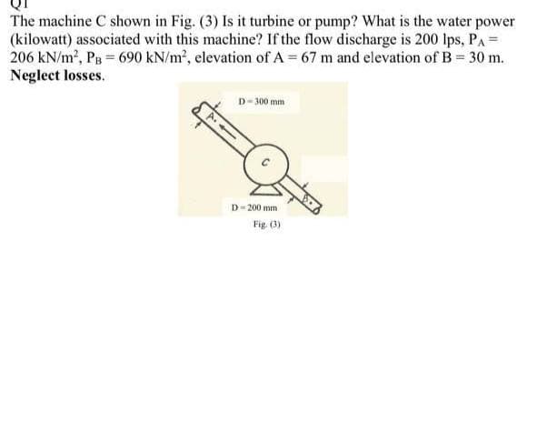 The machine C shown in Fig. (3) Is it turbine or pump? What is the water power
(kilowatt) associated with this machine? If the flow discharge is 200 lps, PA=
206 kN/m, PB= 690 kN/m2, elevation of A = 67 m and elevation of B = 30 m.
Neglect losses.
D-300 mm
D- 200 mm
Fig (3)
