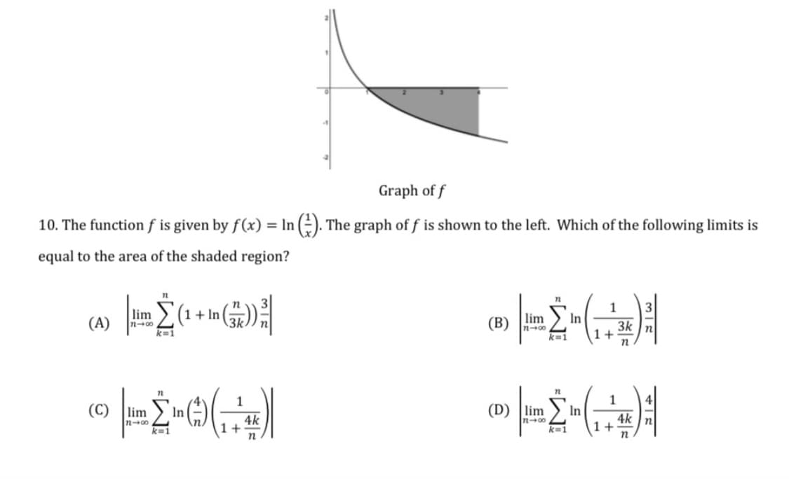 Graph of f
10. The function f is given by f (x) = ln (=). The graph of f is shown to the left. Which of the following limits is
equal to the area of the shaded region?
1
In
3k
1+
3
lim
(1+ In
lim
(A)
(B)
n-00
k=1
n
k=1
(C)
lim
n-00
(D) |lim
n-00
In
In
An
4k
1+
4k
1+
n
k=1

